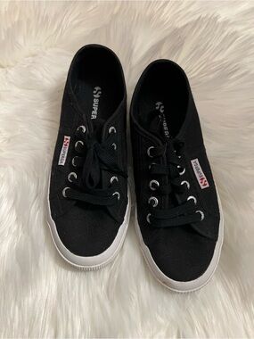 Superga Black Canvas Lace-Up Sneakers with White Sole